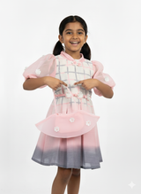 Girls' Rani Pink (hot pink) crop top with a neon yellow square patch on the right and a large neon yellow utility pocket on the left.