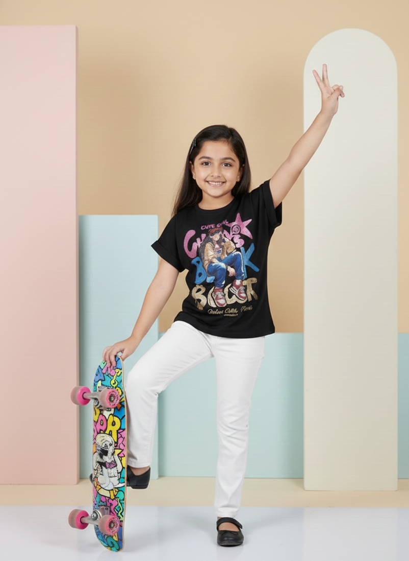 Girls' Black Long-Sleeve Top with Colorful Patchwork Flower.