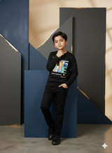 Boys Casual Full Sleeves Printed Round Neck T-Shirt - Black