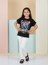 Girls' Black Long-Sleeve Top with Colorful Patchwork Flower.