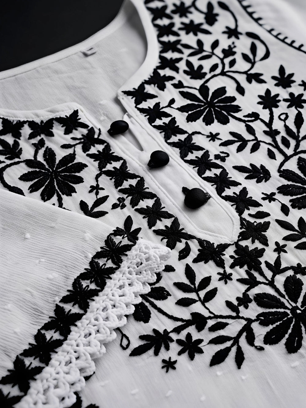 Girls off-white and black chikankari kurta and trouser set – view 3