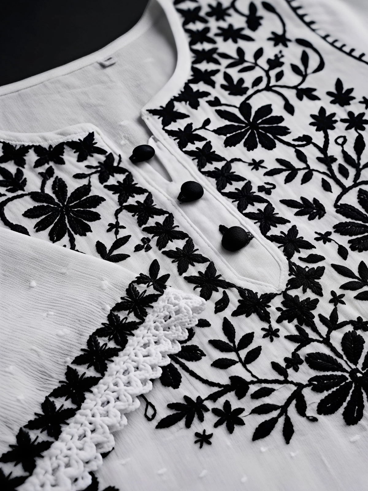 Girls off-white and black chikankari kurta and trouser set – view 3