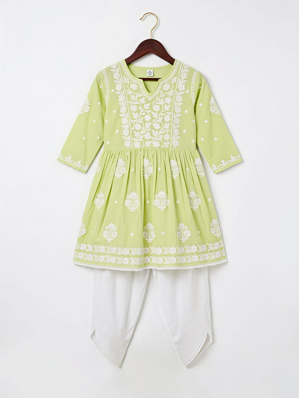 Girls lime green chikankari embroidered dhoti kurta set – view 2