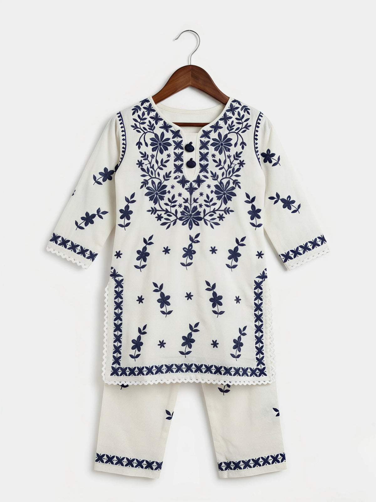 Girls white kurti and trouser set with navy blue Lucknowi chikankari embroidery – view 2