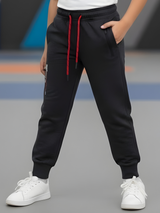 Boys' Dark Grey Fleece Jogger with Red Drawstring.