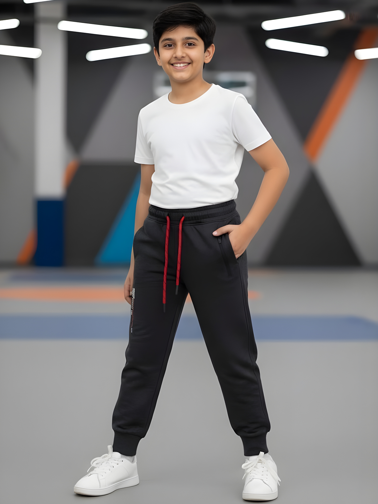 Boys' Dark Grey Fleece Jogger with Red Drawstring.