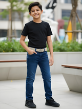 Boys' Classic Dark Wash Denim Jeans with Contrast Web Belt.