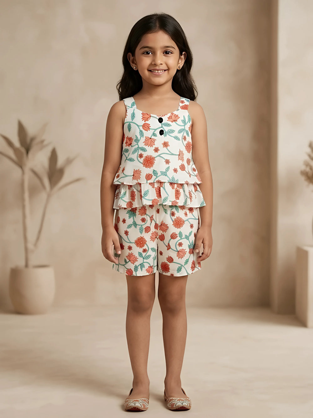 Young girl wearing a cream co-ord set with peach and teal floral prints, featuring a ruffled sleeveless top and matching shorts