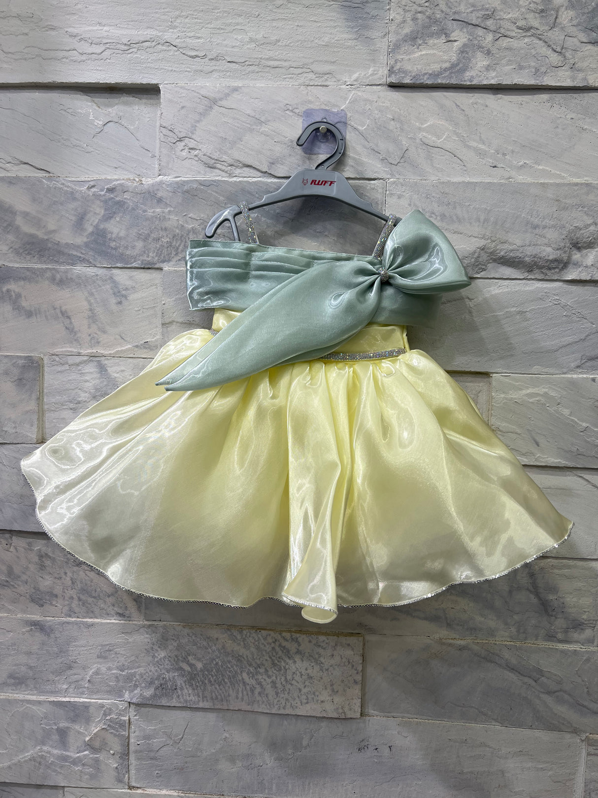 Girls’ Yellow Satin Skirt Set with Mint Green Bow Top – Special Occasion Outfit