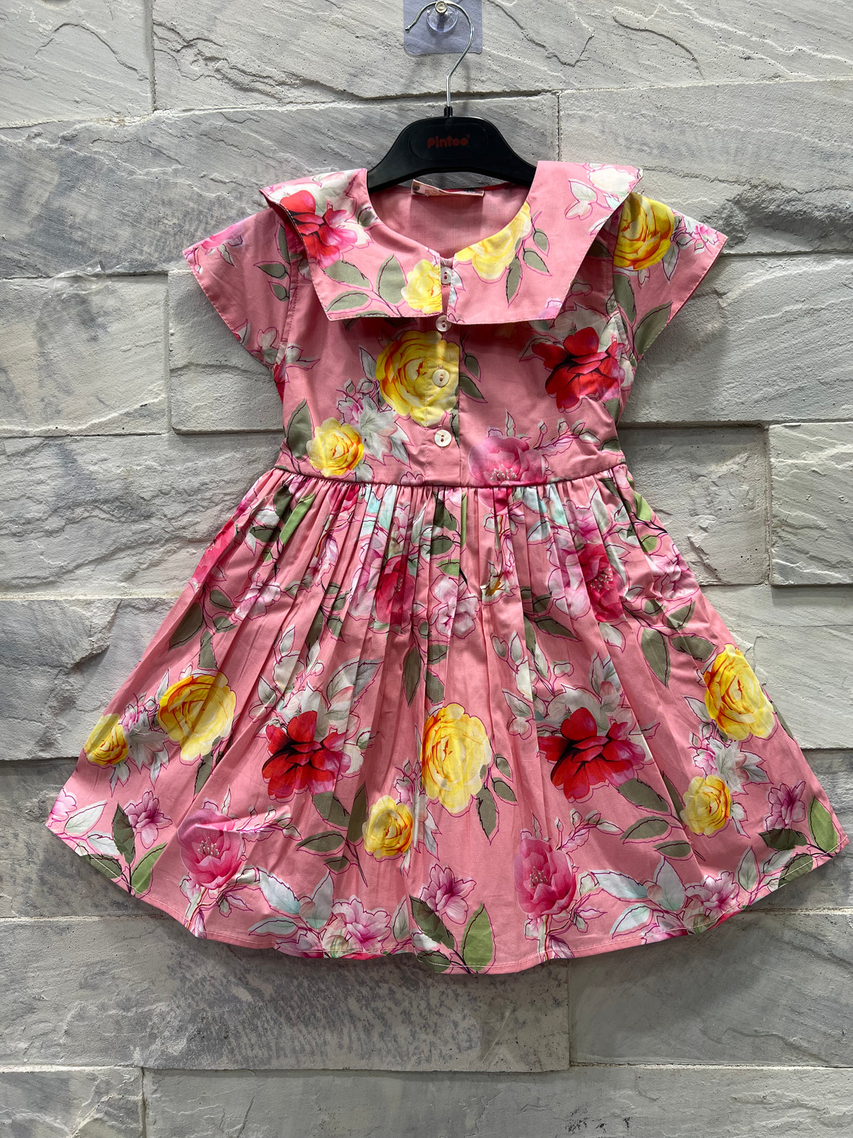 Girls' Pink Floral Party Dress with Collar & Button Front