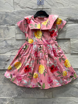 Girls' Pink Floral Party Dress with Collar & Button Front