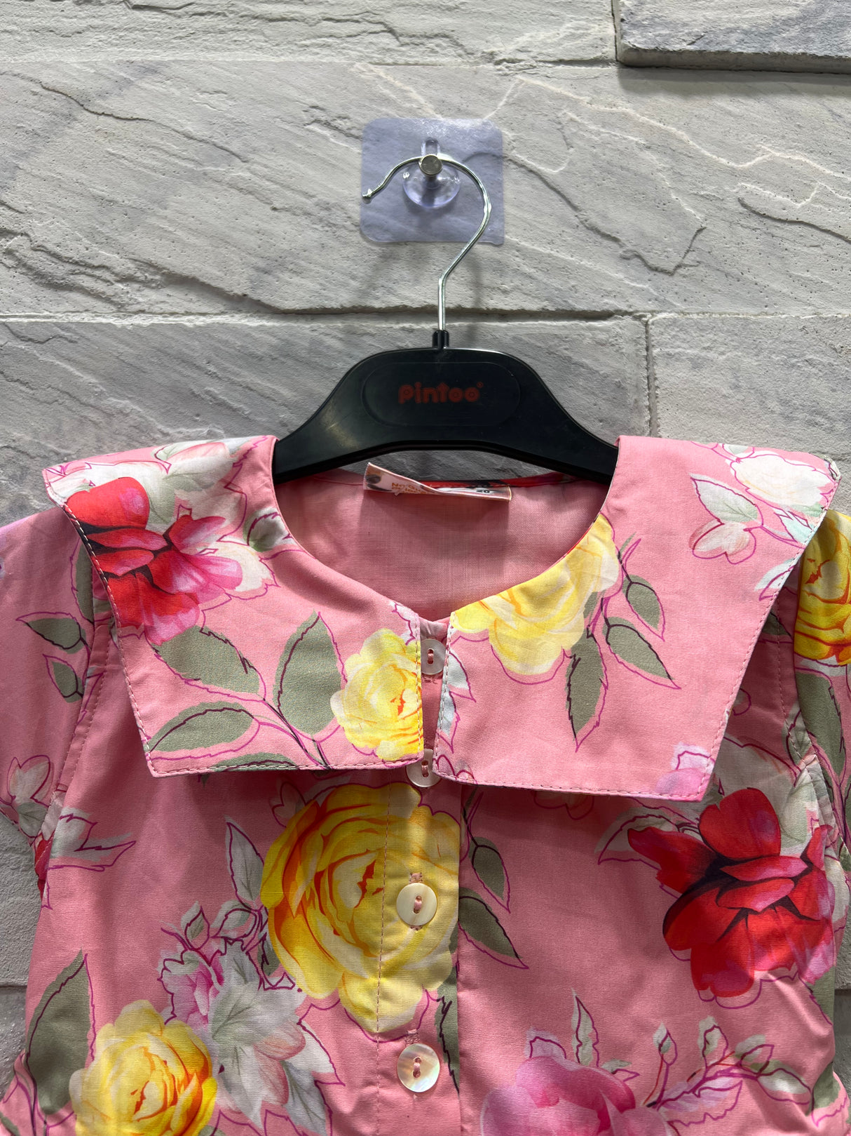 Girls' Pink Floral Party Dress with Collar & Button Front