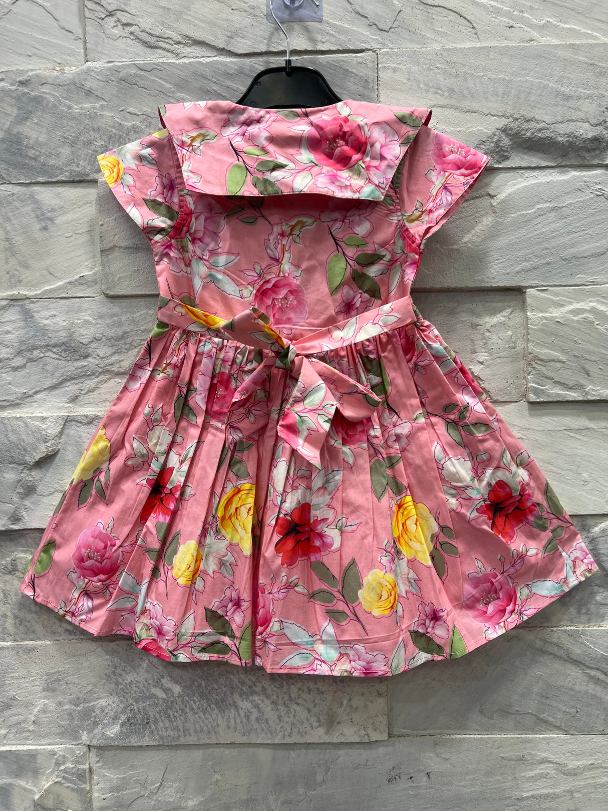 Girls' Pink Floral Party Dress with Collar & Button Front
