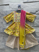 Girls' Yellow Floral Ethnic Set with Sharara & Dupatta