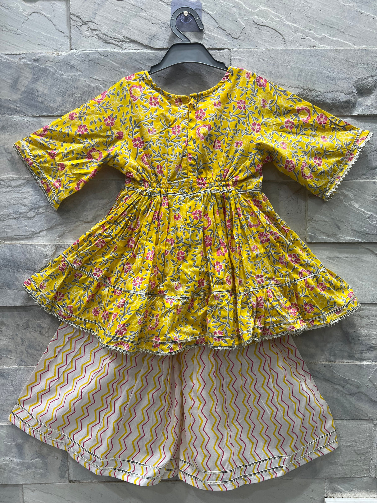 Girls' Yellow Floral Ethnic Set with Sharara & Dupatta