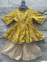 Girls' Yellow Floral Ethnic Set with Sharara & Dupatta