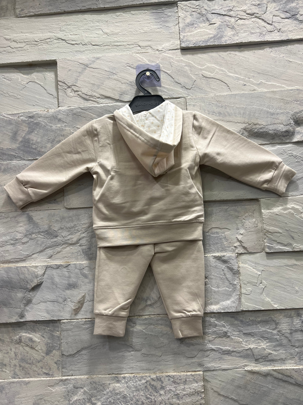 Baby Bear Hoodie Tracksuit Set – "I See U" Beige Outfit for Boys