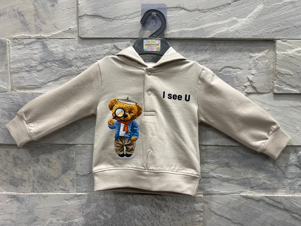 Baby Bear Hoodie Tracksuit Set – "I See U" Beige Outfit for Boys