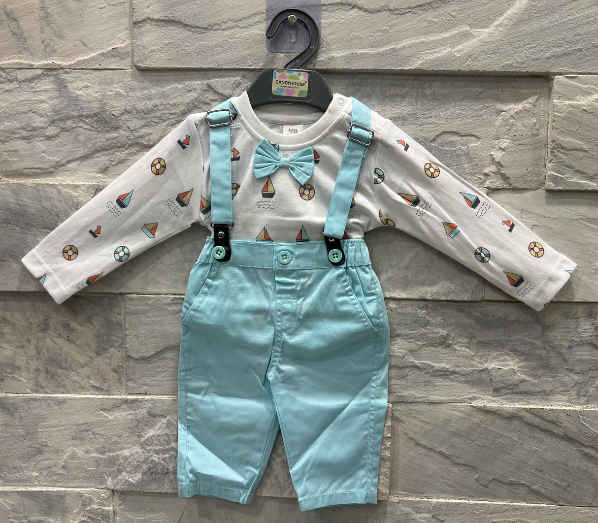 Baby Girl's Suspender Outfit Set – Sailboat Print Top with Bow Tie & Blue Pants