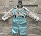 Baby Girl's Suspender Outfit Set – Sailboat Print Top with Bow Tie & Blue Pants