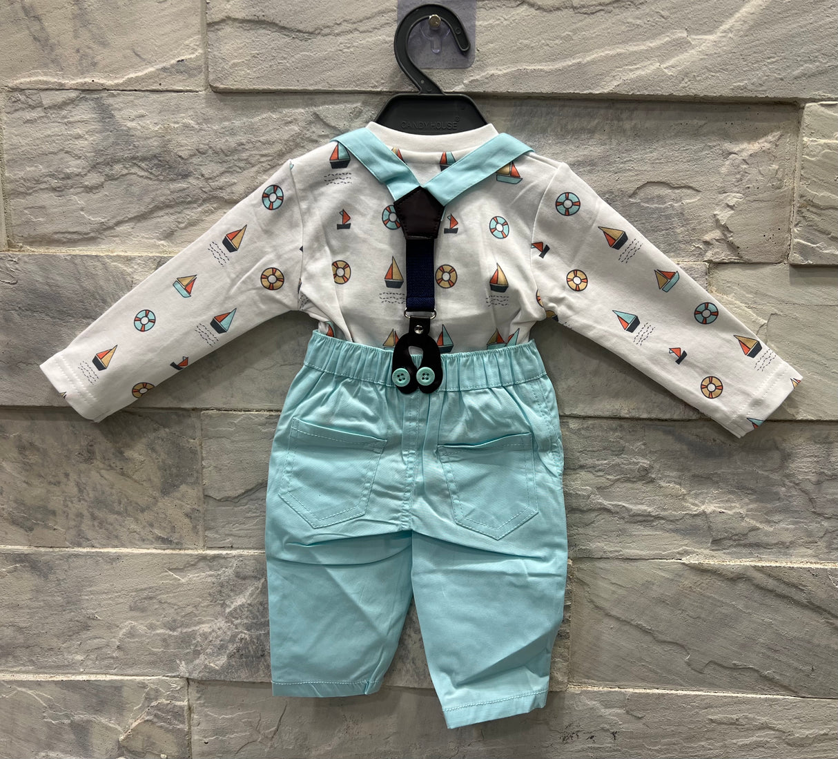 Baby Girl's Suspender Outfit Set – Sailboat Print Top with Bow Tie & Blue Pants