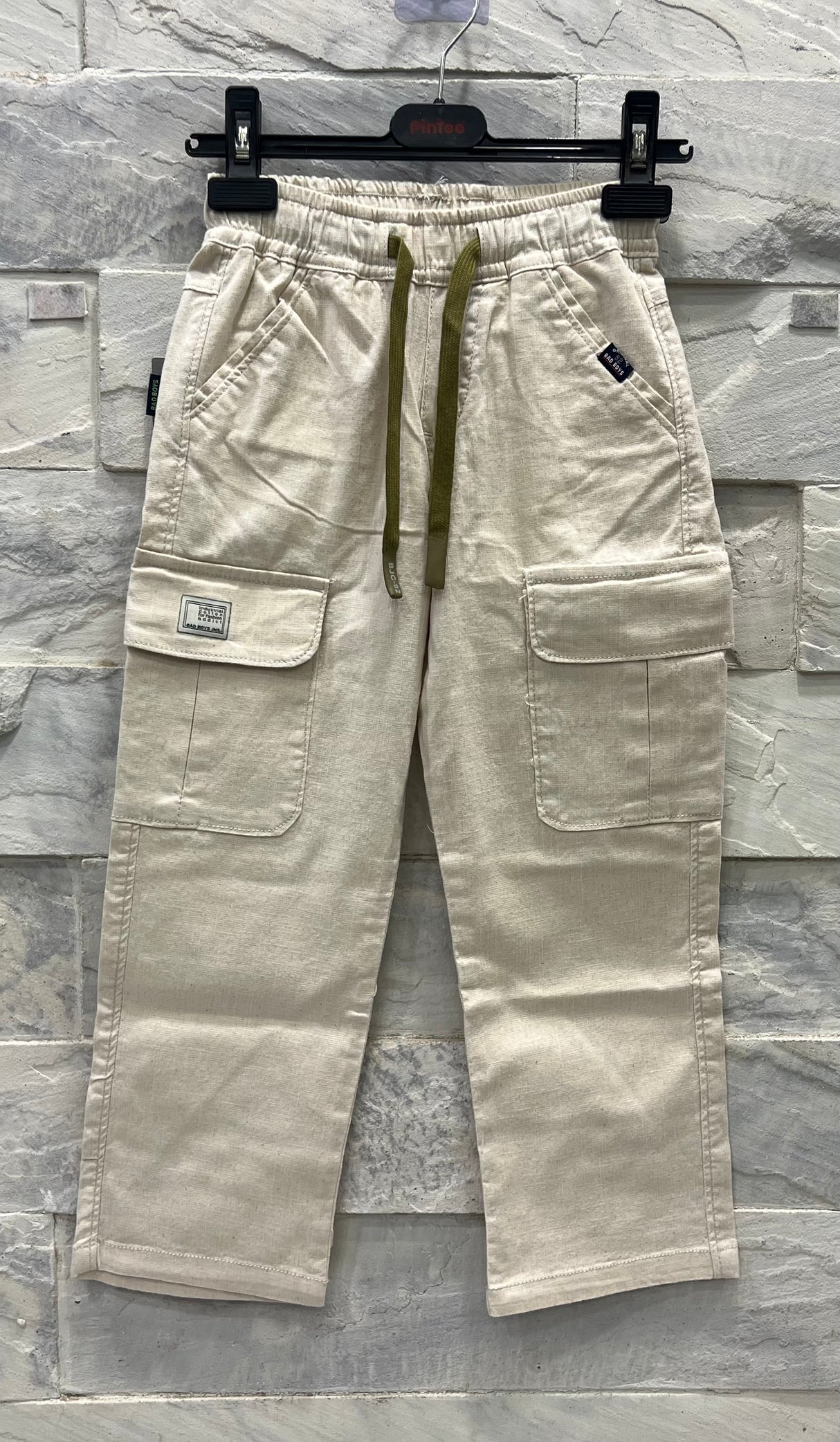 Boys' Cream Cargo Pants – Cotton Drawstring Trousers with Pockets