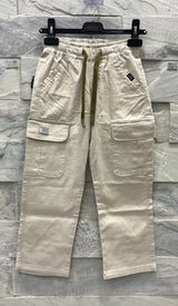 Boys' Cream Cargo Pants – Cotton Drawstring Trousers with Pockets