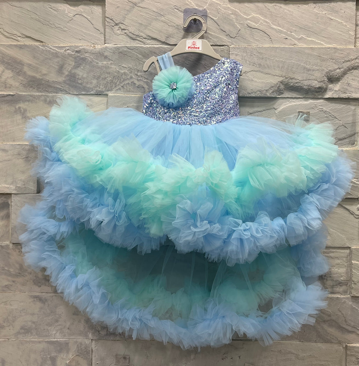 Girls' Light Blue Tutu Party Dress – One-Shoulder Glitter Gown with Ruffles