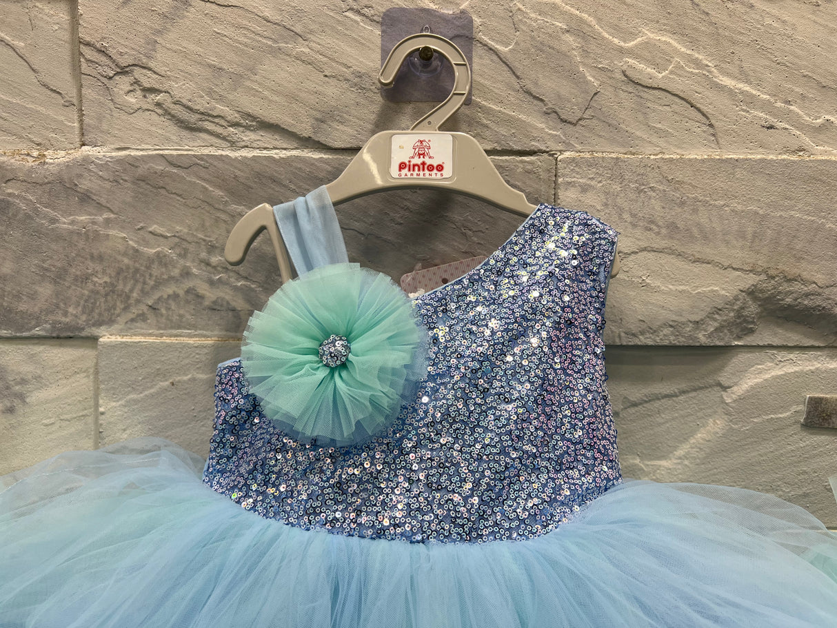 Girls' Light Blue Tutu Party Dress – One-Shoulder Glitter Gown with Ruffles