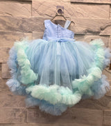 Girls' Light Blue Tutu Party Dress – One-Shoulder Glitter Gown with Ruffles