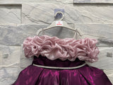 Girls' Premium Party Dress – Off-Shoulder Ruffle Bodice with Shiny Pleated Skirt ( Maroon )