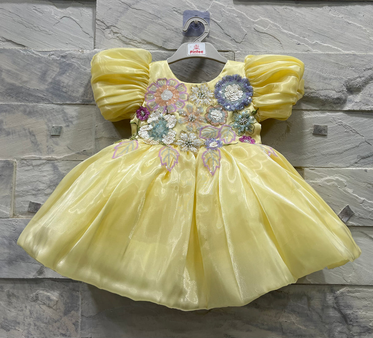 Girls’ Elegant Puff Sleeve Yellow Party Dress with Sequin Floral Embroidery