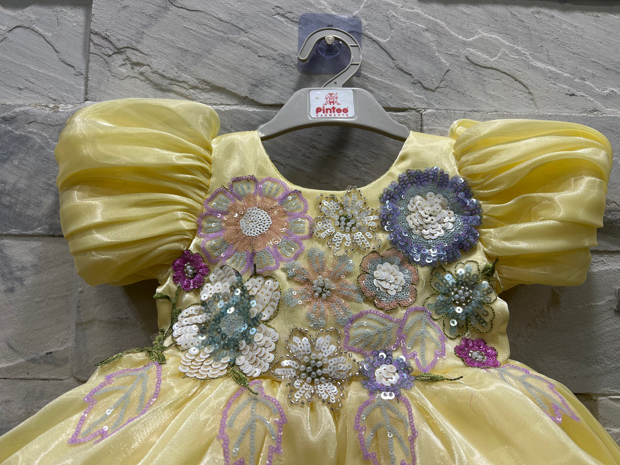 Girls’ Elegant Puff Sleeve Yellow Party Dress with Sequin Floral Embroidery