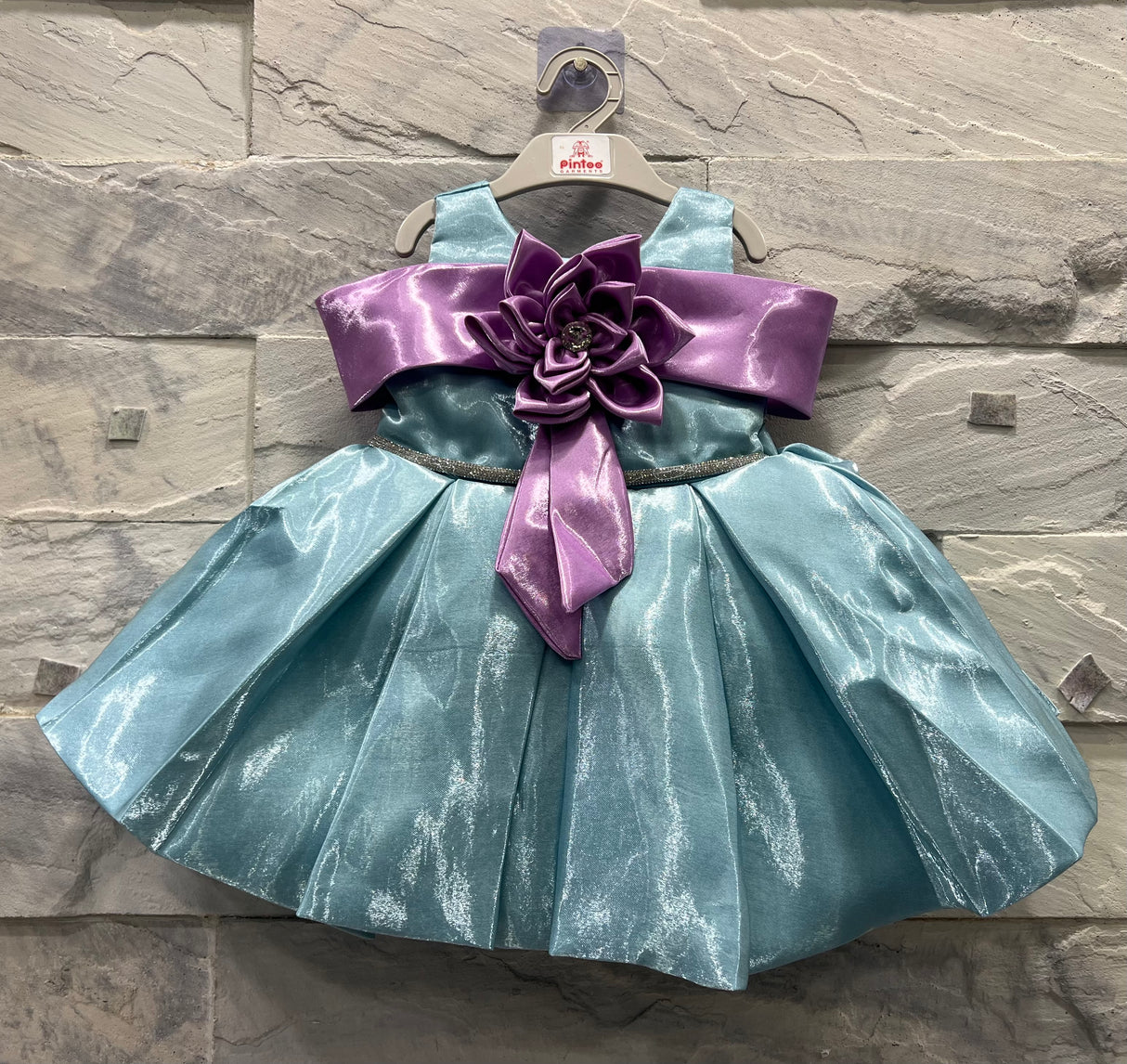 Girls’ Shimmering Blue Party Dress with Satin Purple Flower Bow – Princess Formal Wear