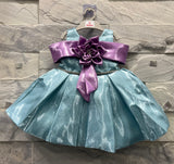 Girls’ Shimmering Blue Party Dress with Satin Purple Flower Bow – Princess Formal Wear