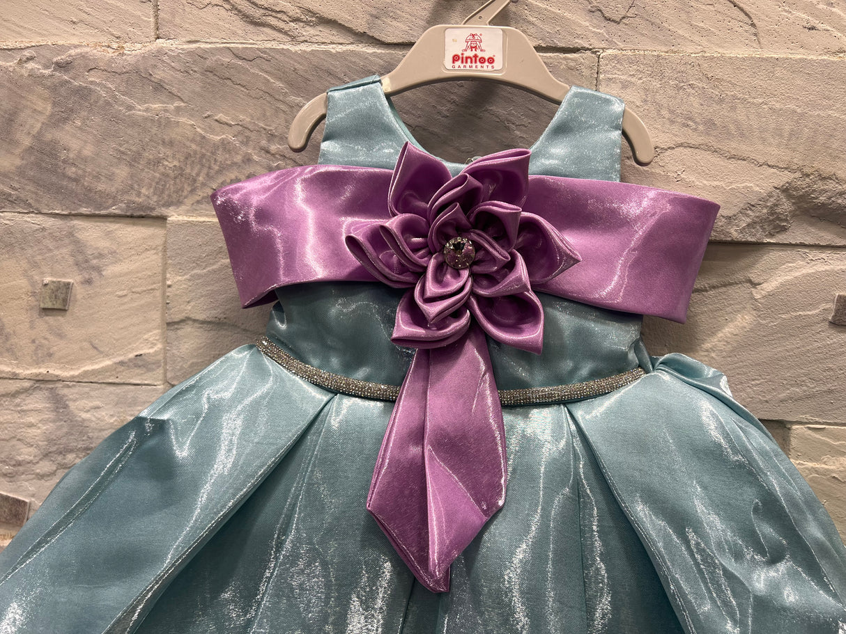 Girls’ Shimmering Blue Party Dress with Satin Purple Flower Bow – Princess Formal Wear