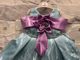 Girls’ Shimmering Blue Party Dress with Satin Purple Flower Bow – Princess Formal Wear