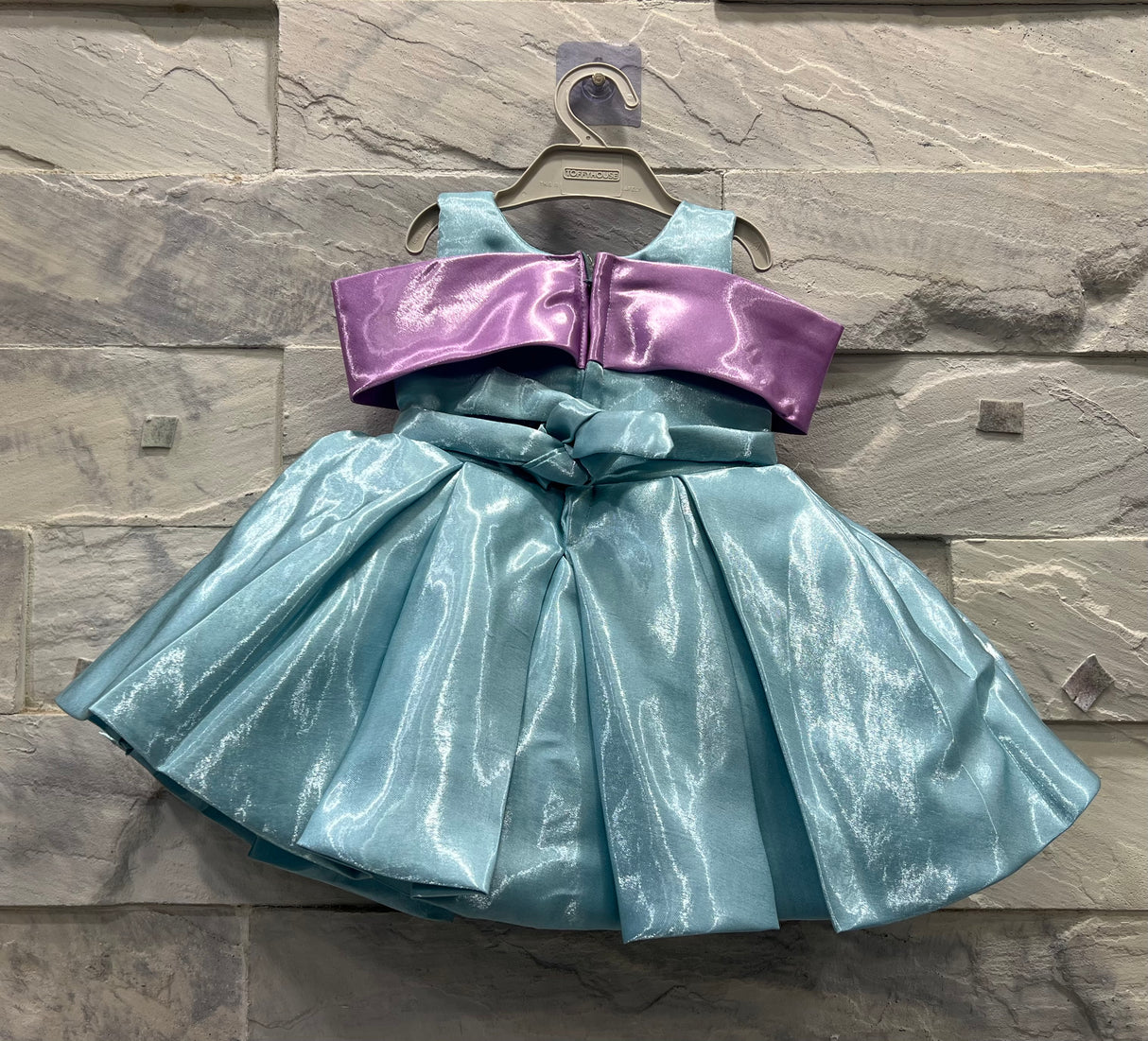 Girls’ Shimmering Blue Party Dress with Satin Purple Flower Bow – Princess Formal Wear