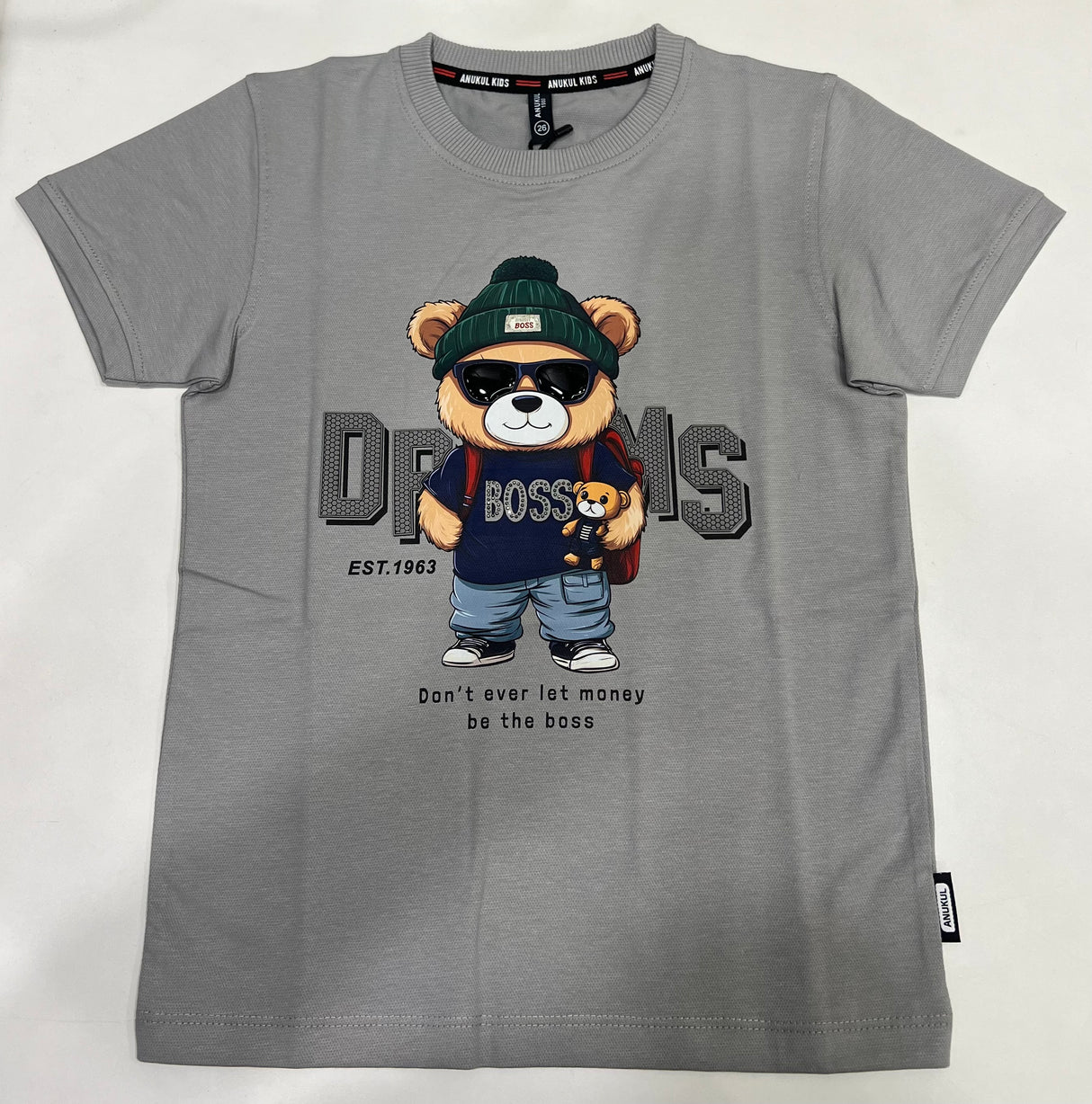 Kids Grey Cool Bear Graphic T-Shirt