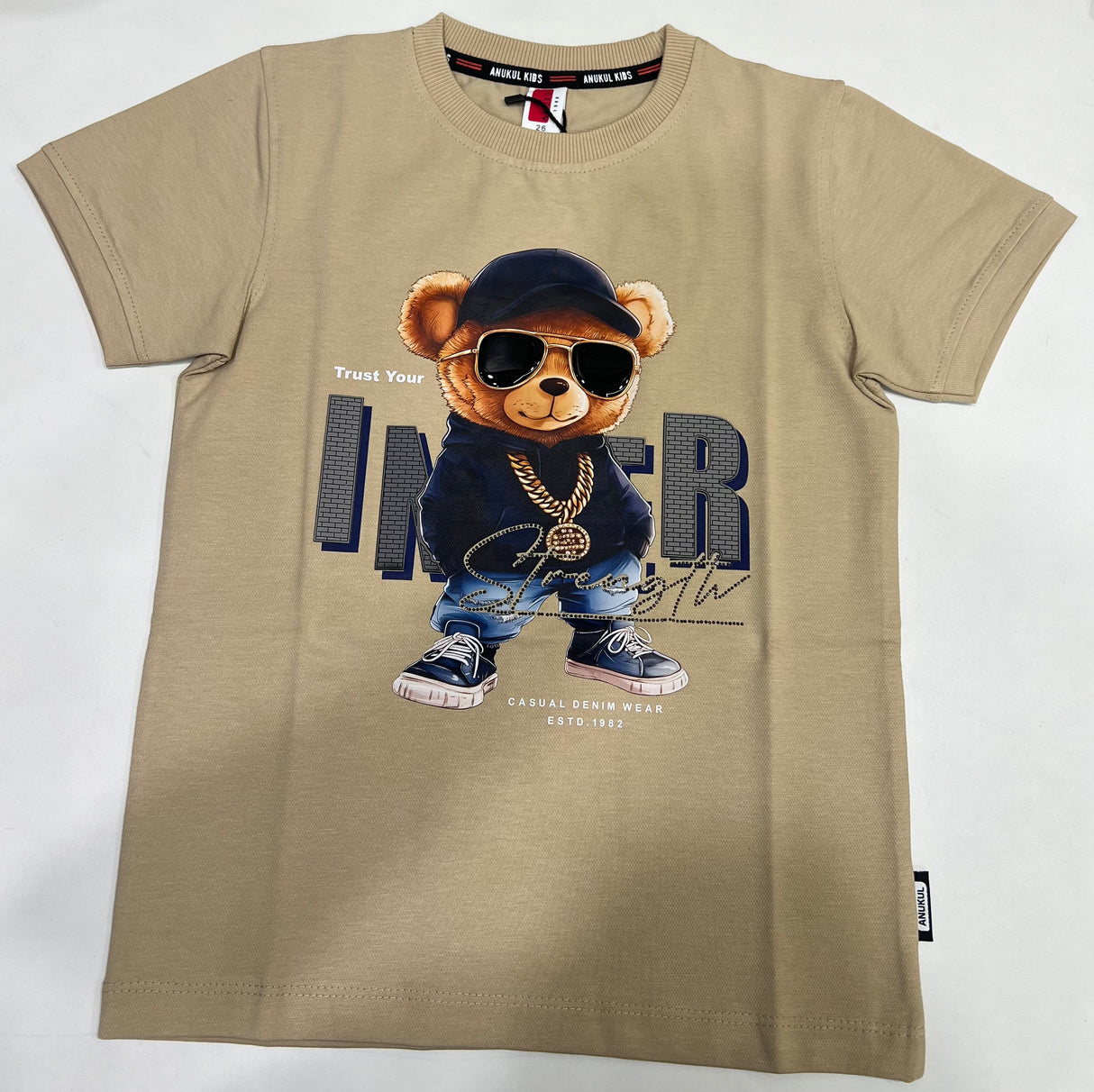 Kids cream Bear Graphic T-Shirt/regular cotton t-shirt