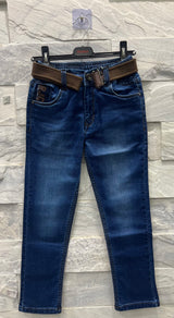 Boys' Dark Blue Denim Jeans with Brown Belt – Casual & Trendy Look