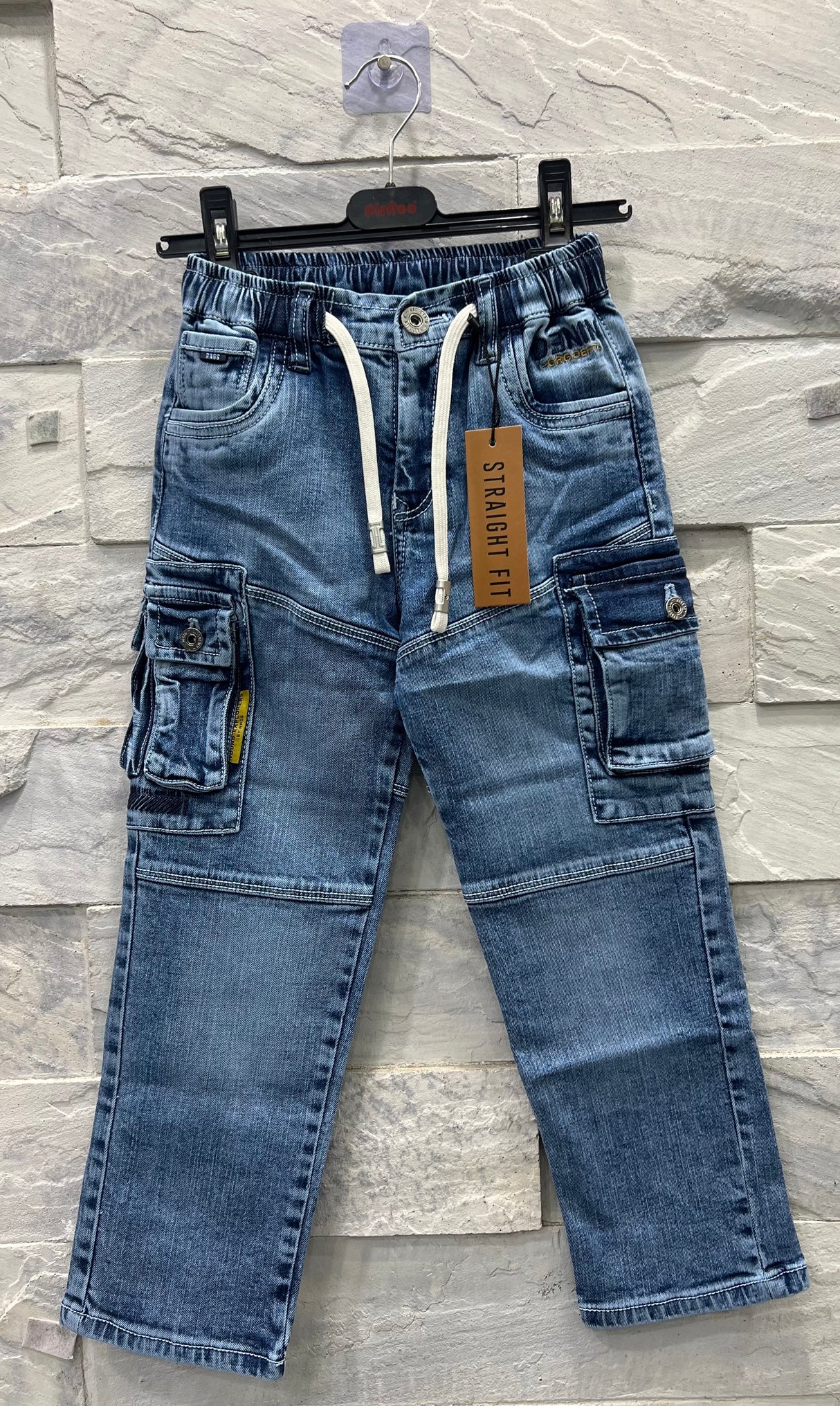 Boys Blue Denim Cargo Jeans – Straight Fit with Drawstring Waist