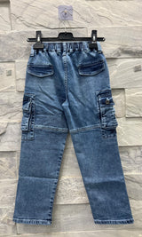 Boys Blue Denim Cargo Jeans – Straight Fit with Drawstring Waist