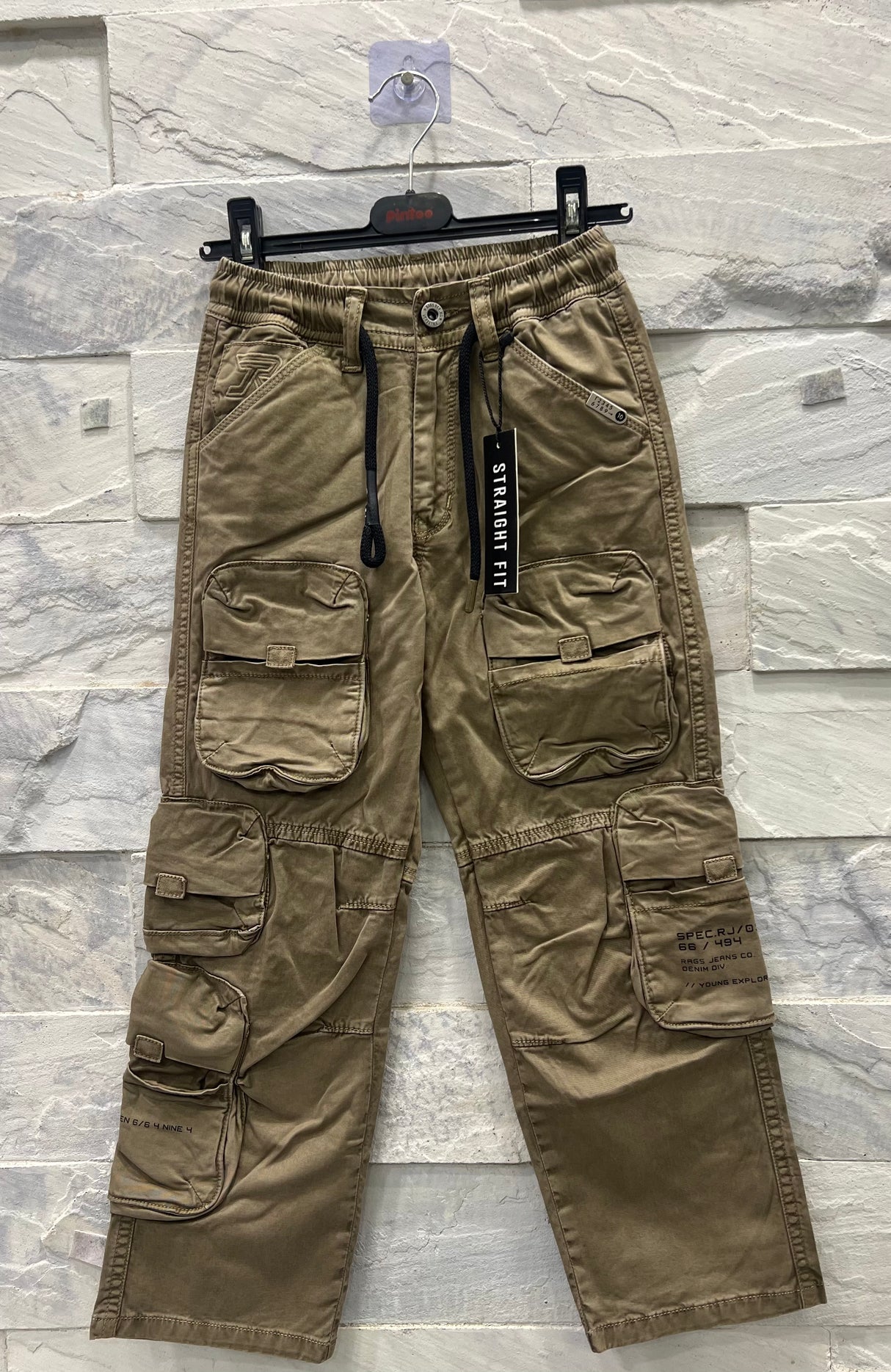 Boys' Multi-Pocket Cargo Pants – Khaki Straight Fit with Drawstring Waist