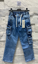 Boys' Light Blue Cargo Jeans with Drawstring – Street Style Straight Fit