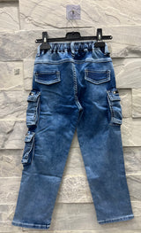 Boys' Light Blue Cargo Jeans with Drawstring – Street Style Straight Fit
