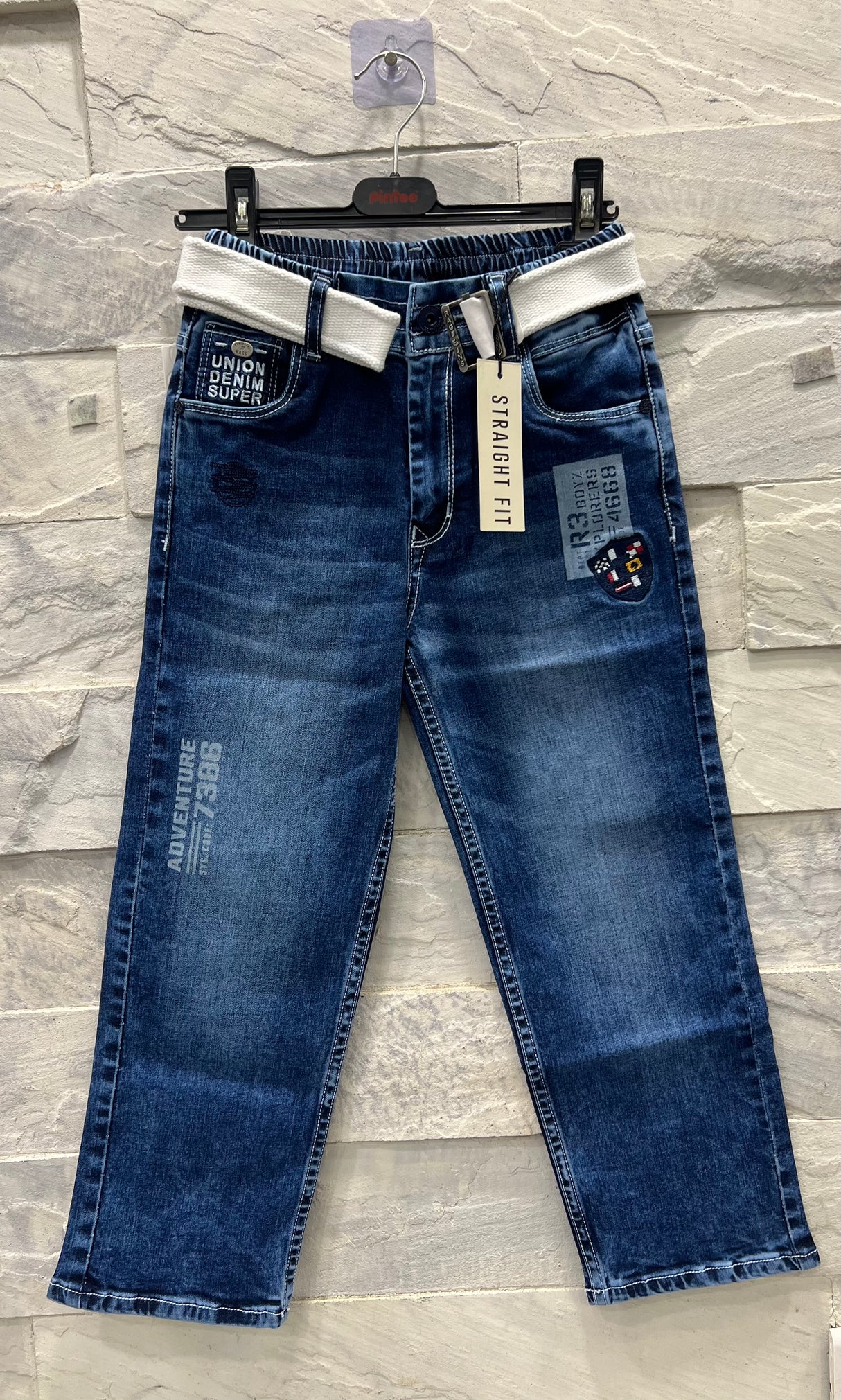 Boys' Blue Denim Jeans with White Belt – Adventure Print Straight Fit