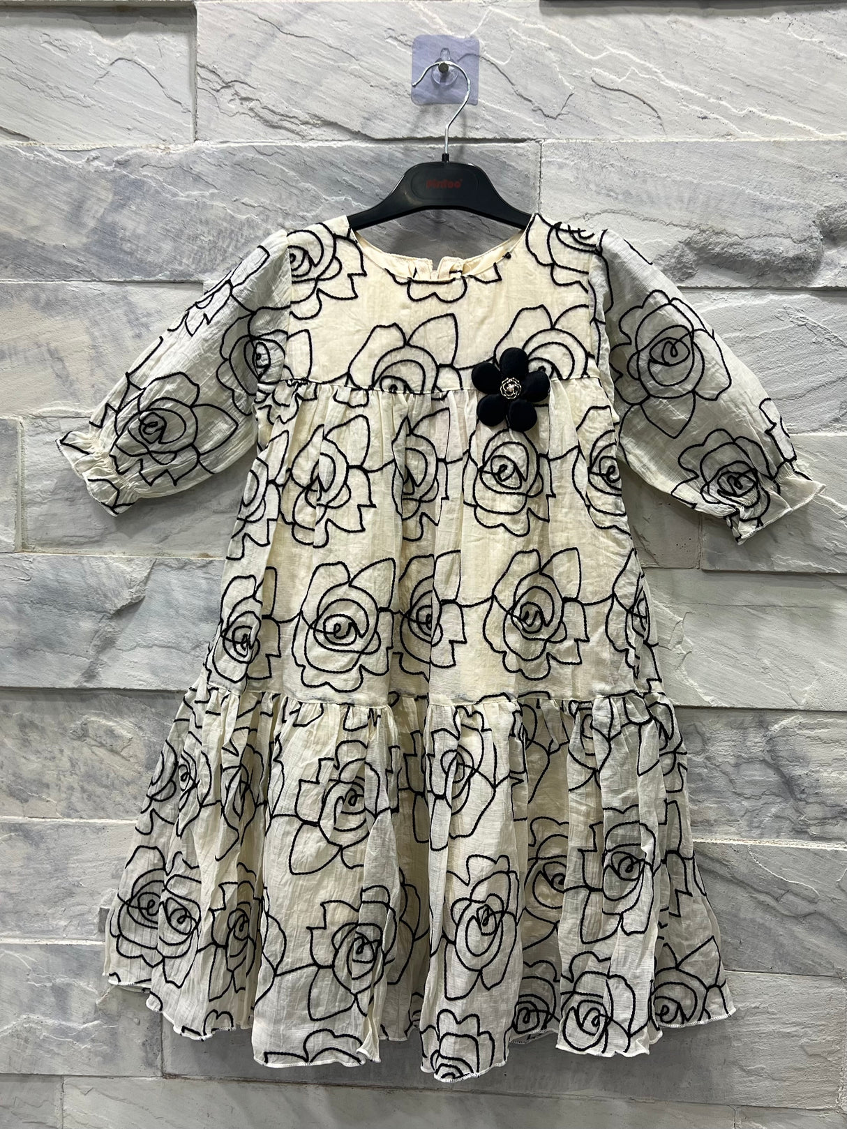 Girls’ Floral Embroidered Party Dress – Cream with Black Rose Design