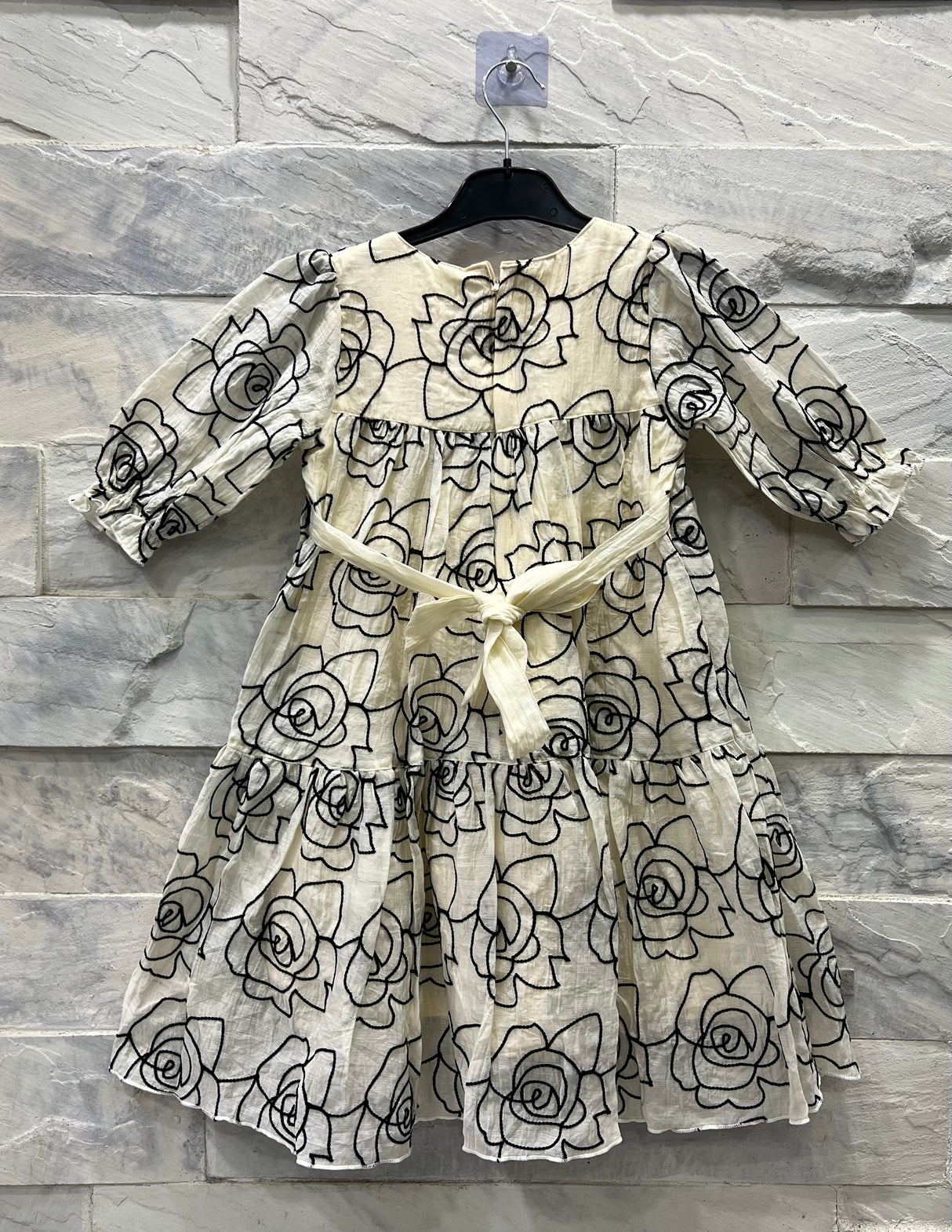 Girls’ Floral Embroidered Party Dress – Cream with Black Rose Design
