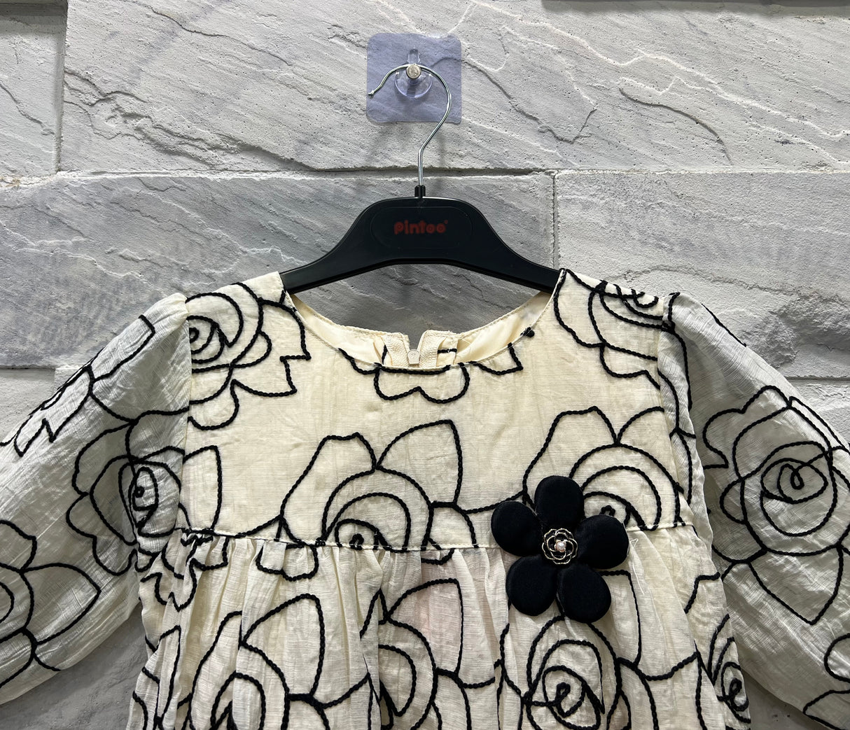 Girls’ Floral Embroidered Party Dress – Cream with Black Rose Design